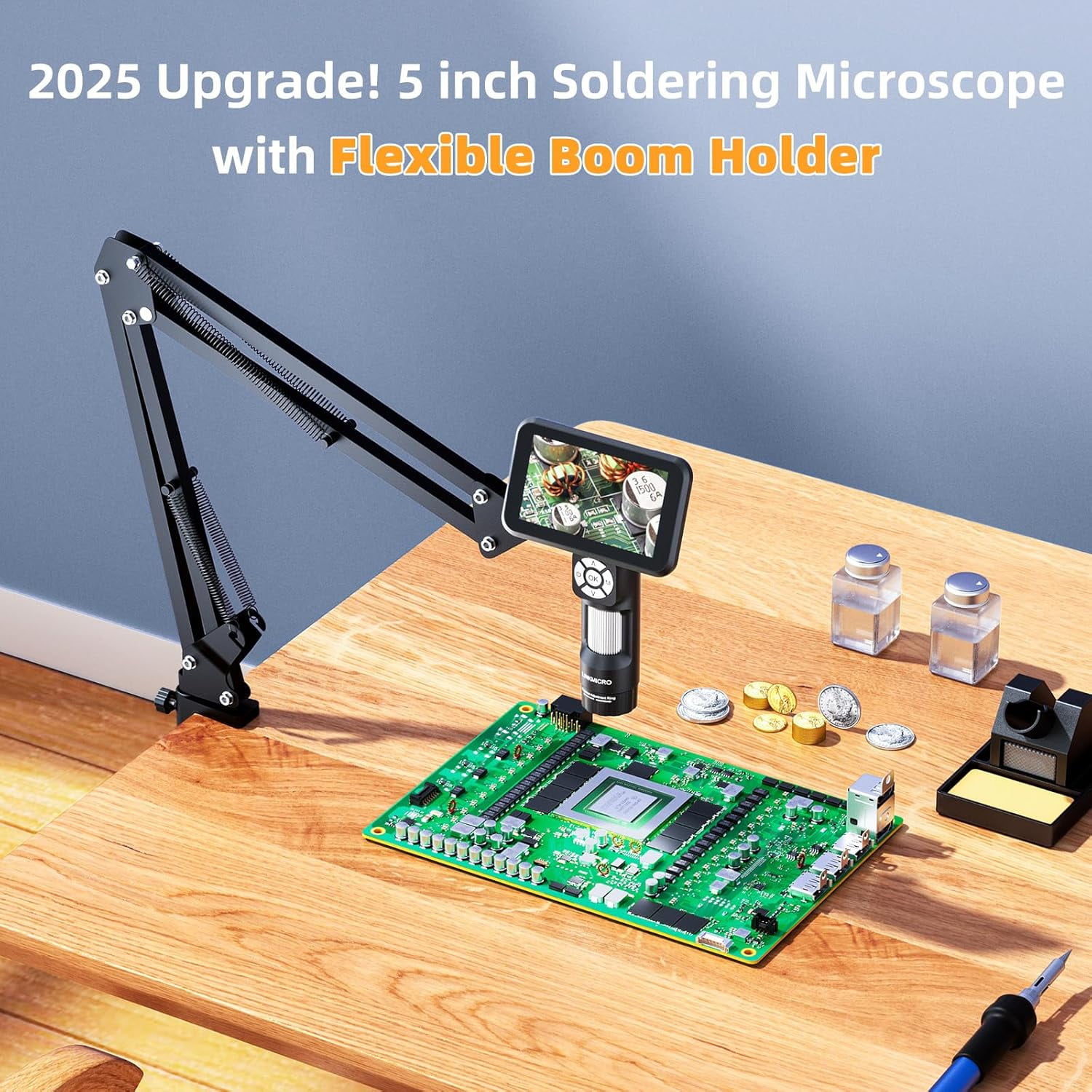LM115A Digital Microscope Handheld with Flex Arm Stand, 5 Inch Soldering Camera for Adults, Portable Coin Magnifier Full View Coins with 8 LED, PC View, 1080P Video
