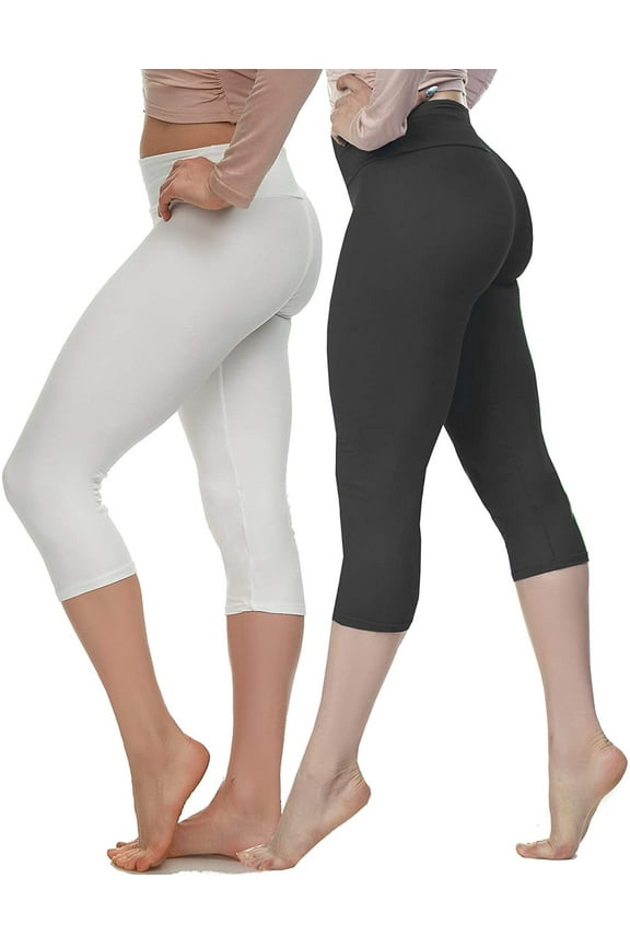 Capri Leggings for Women Buttery Soft Polyester Fabric, Black White 2-Pack, XL - 3XL