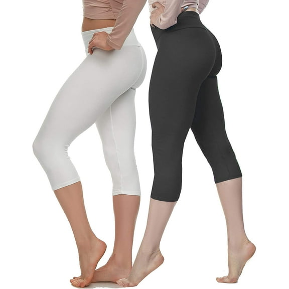 LMB Capri Leggings for Women Buttery Soft Polyester Fabric, Black White 2-Pack, XS - L