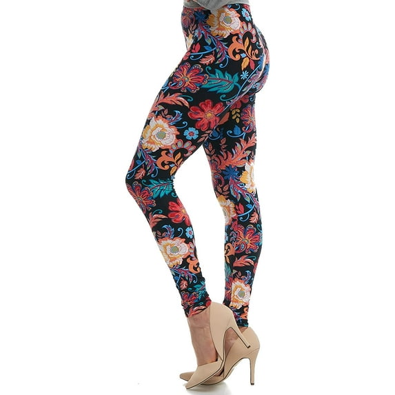LMB Lush Moda Extra Soft Leggings for Women with Print Designs for Lounging, Running, Fitness, Yoga and Sleepwear, X-Small to X-Large, Folk Flower 823F