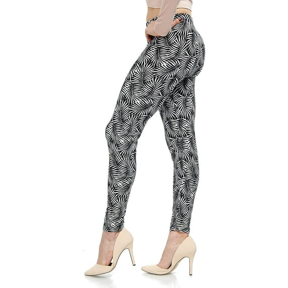 LMB Lush Moda Extra Soft Leggings for Women with Print Designs for Lounging, Running, Fitness, Yoga and Sleepwear, X-Small to X-Large, Tropical Black White 747F