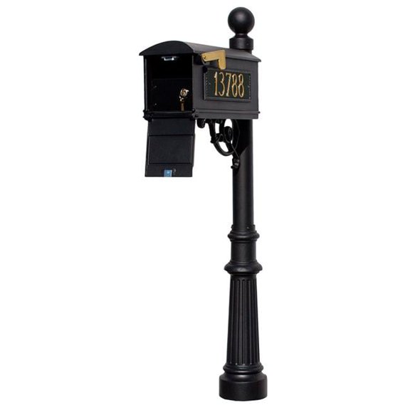 LMC-LKIT-804-BL Mailbox Locking Insert Post System with Fluted Base - Ball Finial & 3 Cast Plates - Black