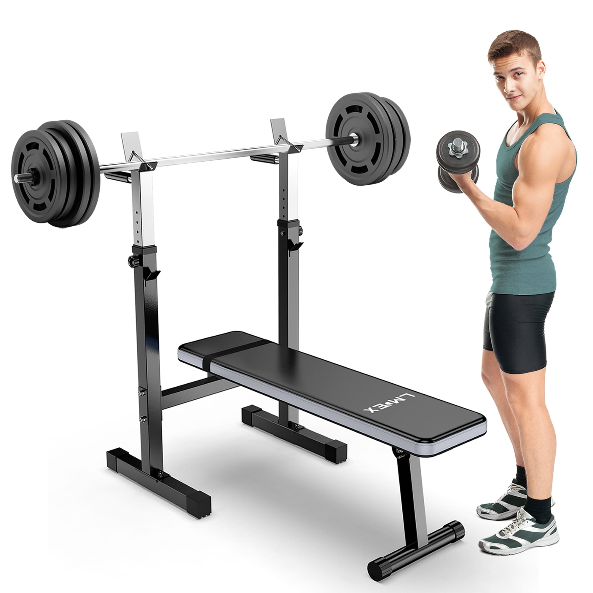 LMDEX Adjustable Weight Bench Folding Fitness Barbell Rack for Full ...