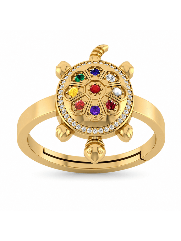 Certified Natural Tortoise Ring, Gold Plated Tortoise Adjustable Multicolor Gemstone Ring for Men and Women's