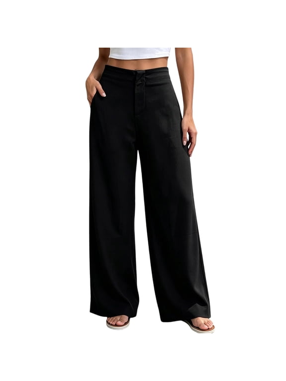 Wide Leg Pants for Women Pull on Work Pants High Waisted Business Casual Trousers Slacks with Pockets(Black,XX-Small)