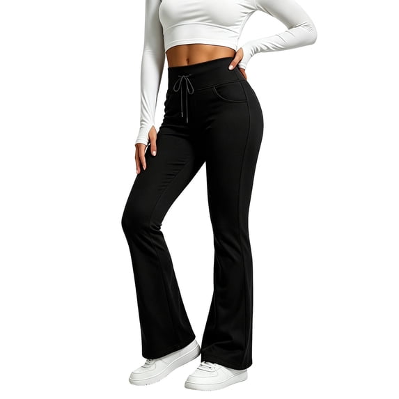 LMIHMI Womens Flare Leggings with Pockets Drawstring High Waist Bootcut Yoga Pants Stretch Bell Bottoms(Black,X-Large)
