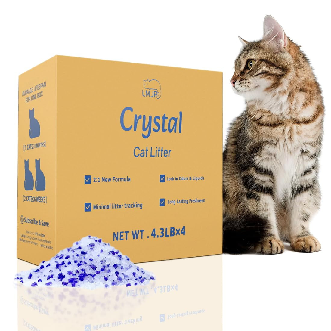 LMJP Crystal Cat Litter with Powerful Odor Control, Non-Clumping, Lasts Up to 4 Months, 17.2lb, Rapid Water Absorption, Unscented & Low Tracking Lightweight Blue & White Silica C80