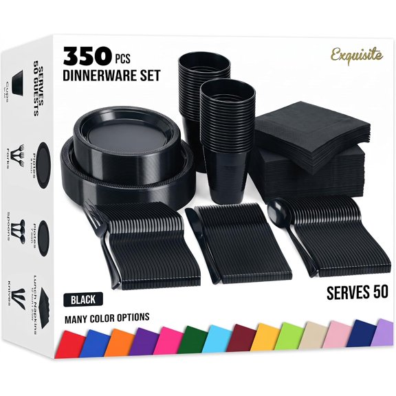 LMJSHOP 350 Pcs Black Plates and Napkins Party Supplies Plate Sets | Sturdy Plastic Dinnerware Set With 9" & 7" Plates, 12 Oz Cups, Lunch Napkins and Cutlery Serves 50 for Birthdays & Everyday