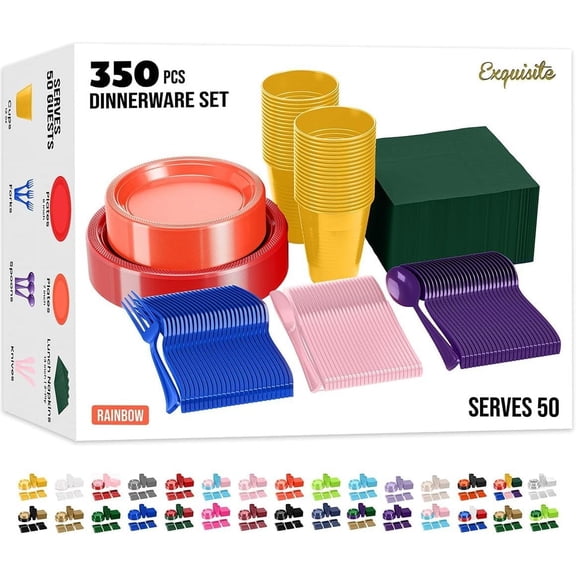 LMJSHOP 350 Pcs Rainbow Plates and Napkins Party Supplies Plate Sets | Sturdy Plastic Dinnerware Set With 9" & 7" Plates, 12 Oz Cups, Lunch Napkins and Cutlery Serves 50 for Birthdays & Everyday