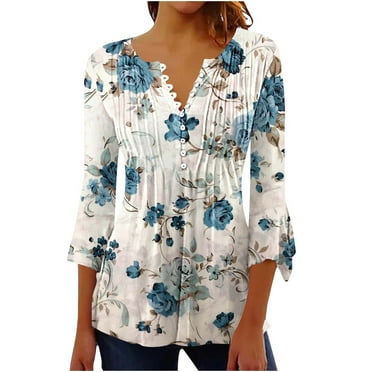 LMKIHUSA 3/4 Sleeve Bohemian Tops for Women,Tunic Shirts for Women 2024 Button Up V Neck Floral Print Pleated Pullover Tops Soft Peplum Casual Blouses Loose Fall Tshirt,White,L