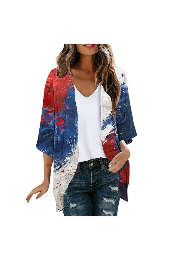 4th of July Cardigan for Women,Summer Sheer Lightweight Cardigan for Women 3/4 Sleeve Shrug Kimono Casual Tie Dye Patriotic Cover Ups Loose Front Open Chiffon Coverup,Multicolor,XL