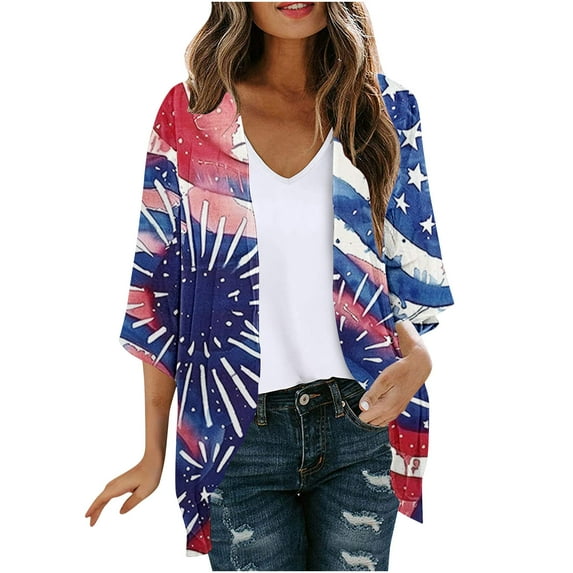 LMKIHUSA 4th of July Kimonos for Women,Summer Sheer Lightweight Cardigan for Women 3/4 Sleeve Shrug Kimono Casual American Flag Star Stripe Cover Ups Loose Front Open Chiffon Coverup,Multicolor