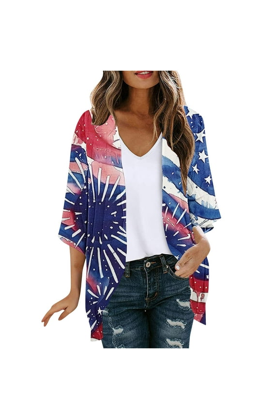 4th of July Kimonos for Women,Summer Sheer Lightweight Cardigan for Women 3/4 Sleeve Shrug Kimono Casual American Flag Star Stripe Cover Ups Loose Front Open Chiffon Coverup,Multicolor