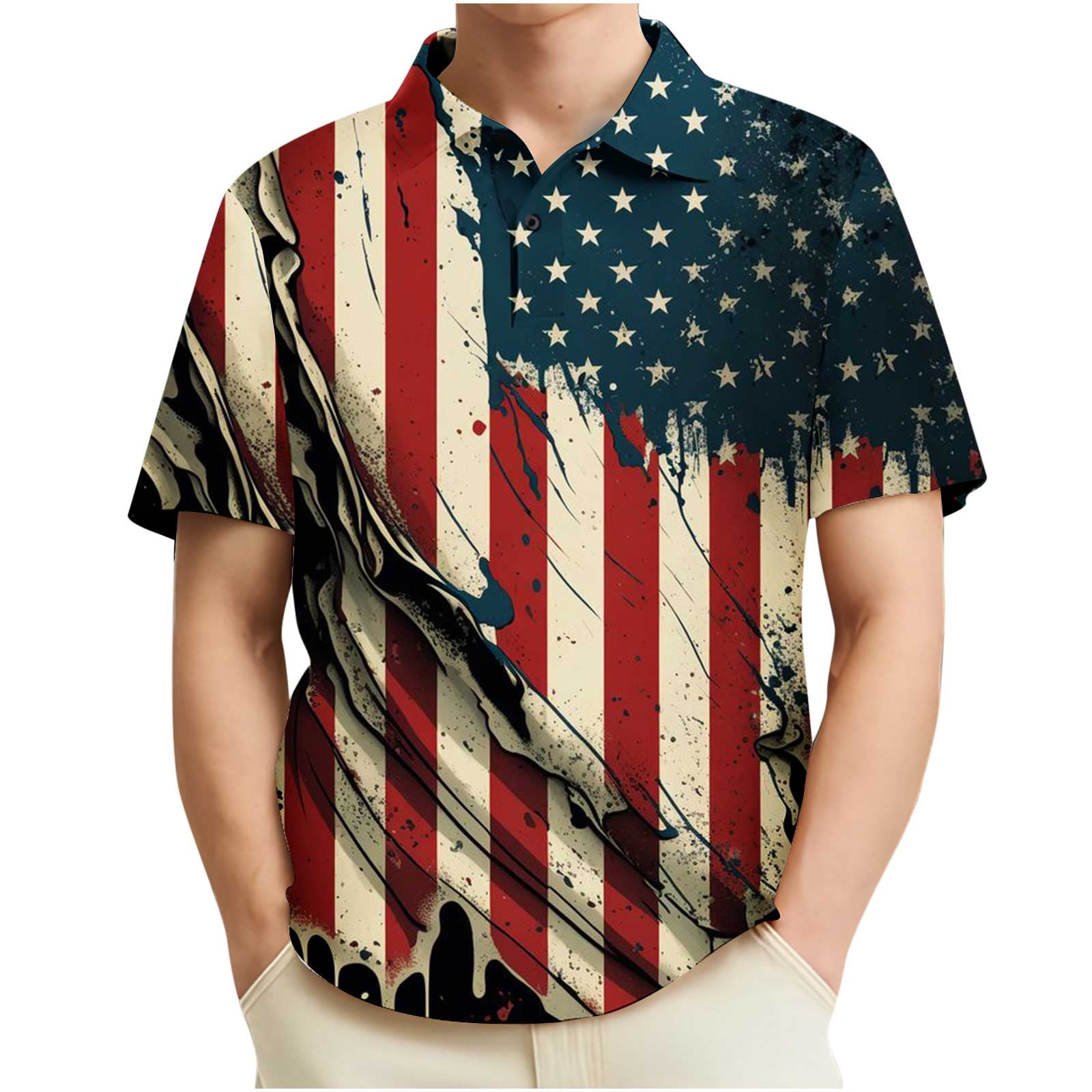 LMKIHUSA 4th of July Polo Shirt Men,Men's Polo Shirt USA Flag Retro
