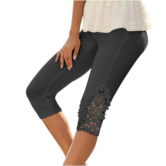 LMKIHUSA Capris Yoga Pants for Women,Comfort Hollow Lace Capris for Women Casual Solid Color Yoga Capri Leggings Elastic High Waisted Stretch Slim Fit Cropped Pants,Black,XXXL
