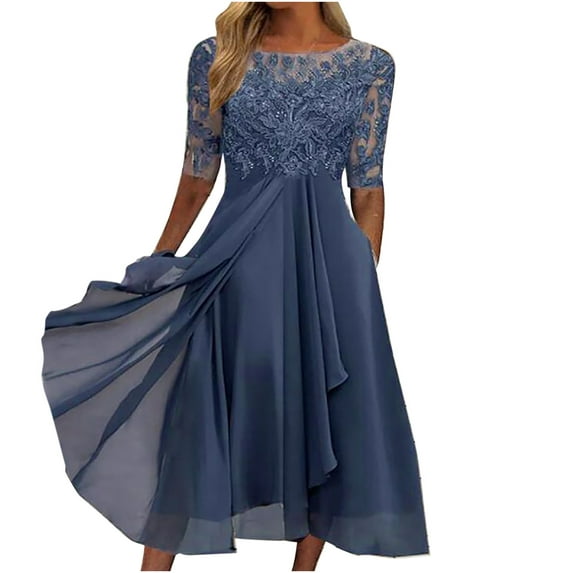LMKIHUSA Chiffon Dresses for Women,Wedding Duest Dresses for Women,2024 Summer Elegant Lace Patchwork Party Dress,Trendy Irregular Hem Formal Dress,Navy,XL