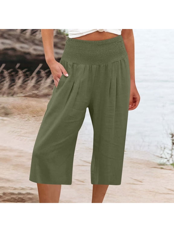 Cotton Linen Capris for Women Casual Summer Capris Trousers Elastic High Waisted Linen Pants Loose Wide Leg Pants with Pockets,Army Green L