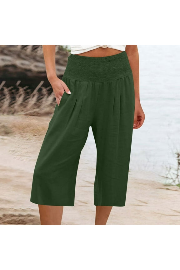 Cotton Linen Capris for Women Casual Summer Capris Trousers Elastic High Waisted Linen Pants Loose Wide Leg Pants with Pockets,Green M