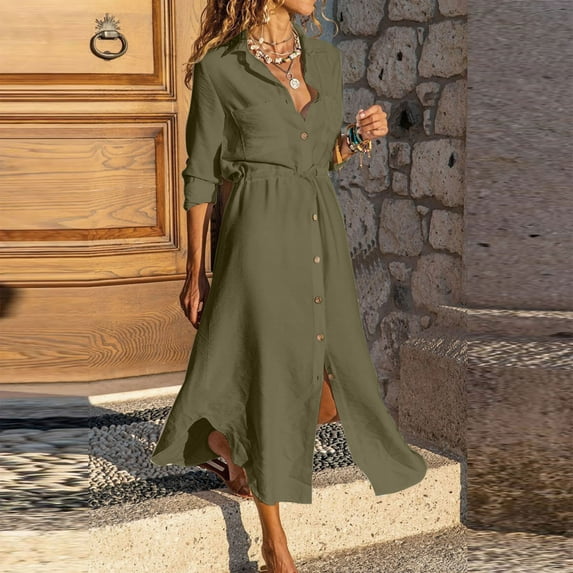 LMKIHUSA Cotton Linen Shirt Dresses for Women Summer 3/4 Sleeve Button Down Lapel Neck Causal Dress Plain Long Maxi Dresses Trendy Solid Color Ladies Outfits,Army Green,M