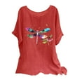 thumbnail image 1 of LMKIHUSA Cotton Linen Shirts for Women,Summer Casual Loose Fit Blouse Plus Size Crew Neck Short Sleeve Shirts Tops Trendy Dragonfly Print Oversized Comfy Basic Tee Shirts,Red,L, 1 of 5