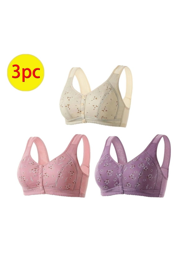 Daisy Bras for Older Women Front Closure,3-Pack Front Closure Daisy Bra Comfortable Bras for Mature Women Support Fashionable Button Cotton Everyday Bras,Khaki,M