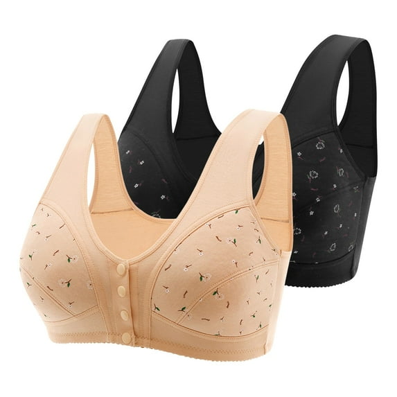 LMKIHUSA Daisy Bras for Older Women Wireless,2pc Bras for Older Women Lace No Underwire Full Coverage Front Snap Bra Push Up Comfy Breathable Everyday Bra,Beige,XXL42/95