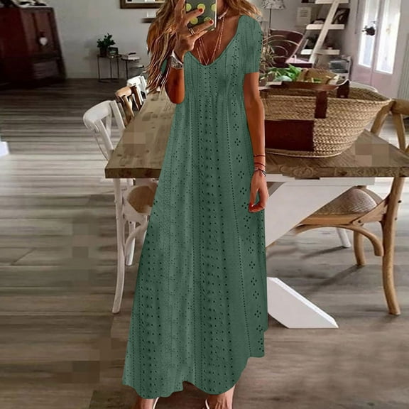 LMKIHUSA Eyelet Embroidery Dresses for Women Casual Simple Solid Color Sleeveless V Nevk Maxi Dresses A Line Loose Fit Comfortable Summer Long Dress 2024,Green XL