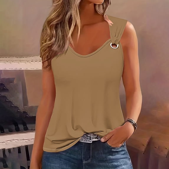 LMKIHUSA Hollow Out Tank Tops for Women Casual Sleeveless Shirt Loose Fit V Neck O Ring Shoulder Solid Color Blouse Vest,Khaki,S