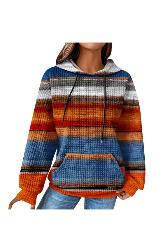 Hoodie Pullover for Women,Womens Striped Waffle Knit Hoodies Long Sleeve Pocket Drawstring Pullover Sweatshirts Fashion Rainbow Print Casual Sweaters Comfy Fall Clothes,White,XXXL