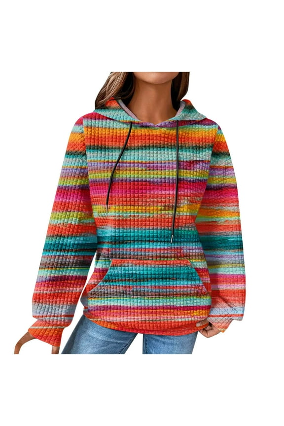 Hoodie Pullover for Women,Womens Striped Waffle Knit Hoodies Long Sleeve Pocket Drawstring Pullover Sweatshirts Fashion Rainbow Print Casual Sweaters Comfy Fall Clothes,Hot Pink,S