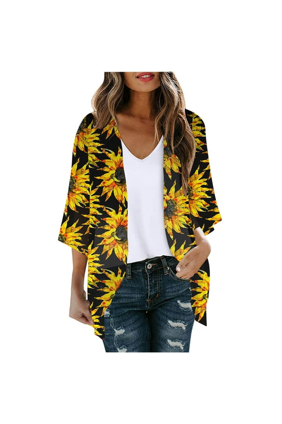 Kimono for Women,Lightweight Cardigan for Women 2024 Summer 3/4 Sleeve Shrug Kimono Beach Cover Ups Boho Sunflower Print Open Front Loose Chiffon Swimsuit Coverup,Black