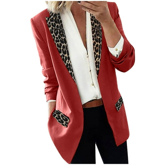 LMKIHUSA Leopard Print Blazer for Women,Casual Blazer for Women's Color Block Cardigans Long Sleeve Lapel Open Front Jackets Business Collar Work Office Suit,Red,XXL