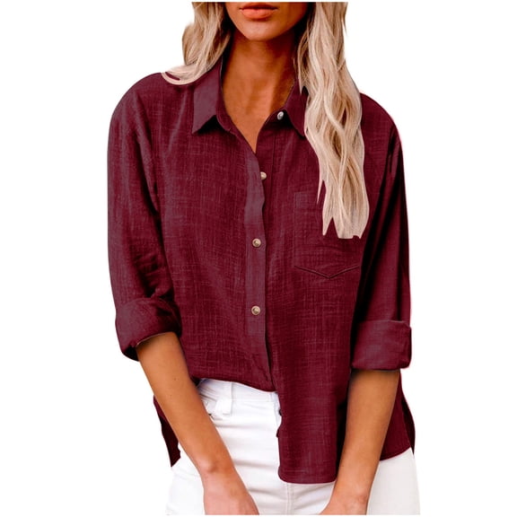 LMKIHUSA Linen Button Down Tops for Women,Womens Solid Color Cotton Linen Shirts Summer Dressy Causal Roll Up Long Sleeve V Neck Gauze Blouses with Pocket Trendy Loose Boho Clothes 2024,Wine M