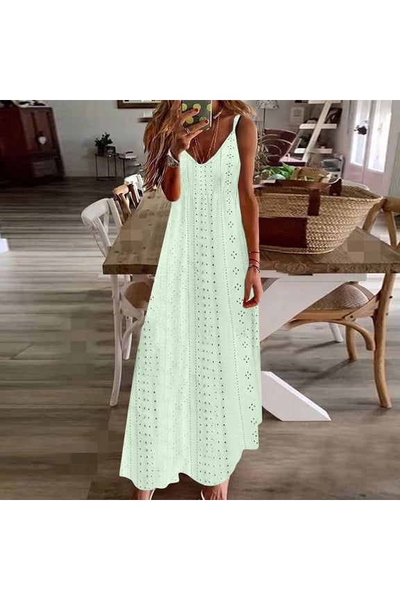 Long Sun Dresses for Women Casual Eyelet Embroidery Simple Solid Color Sleeveless Maxi Dresses A Line Loose Fit Comfortable Empire Waist Dress Summer Beach Dress 2024,Mint Green XXL