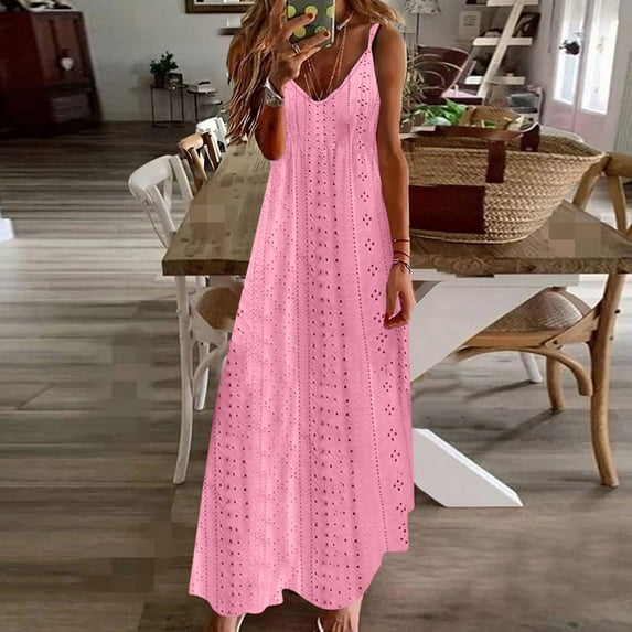 LMKIHUSA Long Sun Dresses for Women Casual Eyelet Embroidery Simple Solid Color Sleeveless Maxi Dresses A Line Loose Fit Comfortable Empire Waist Dress Summer Beach Dress 2024,Hot Pink S