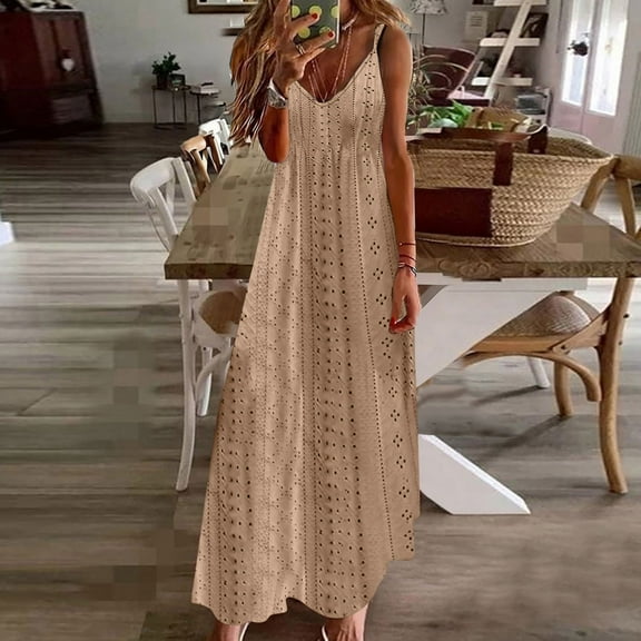 LMKIHUSA Long Sun Dresses for Women Casual Eyelet Embroidery Simple Solid Color Sleeveless Maxi Dresses A Line Loose Fit Comfortable Empire Waist Dress Summer Beach Dress 2024,Khaki XXL