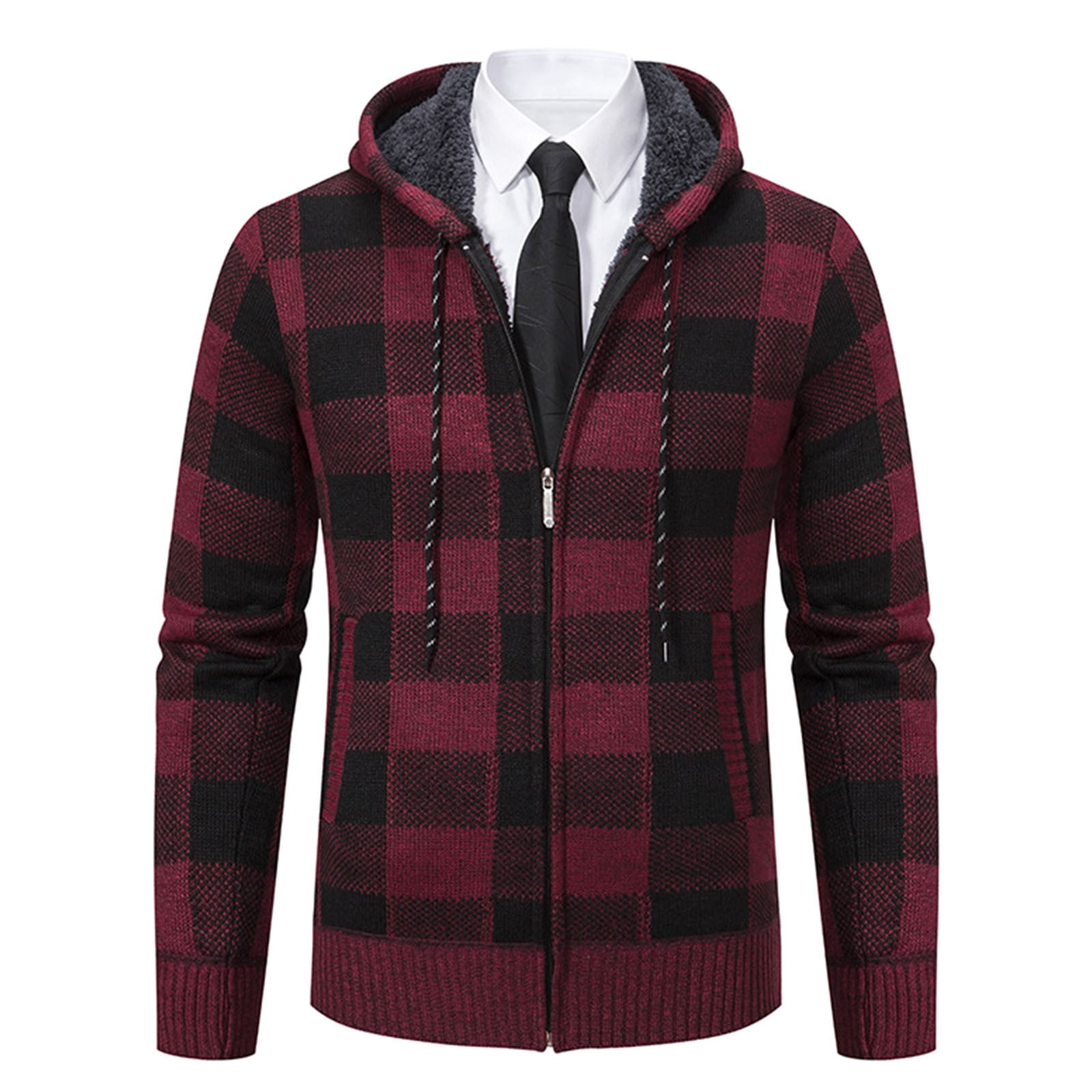 LMKIHUSA Mens Jacket with Hood,Zip up Plaid Cardigan Sweater for Men