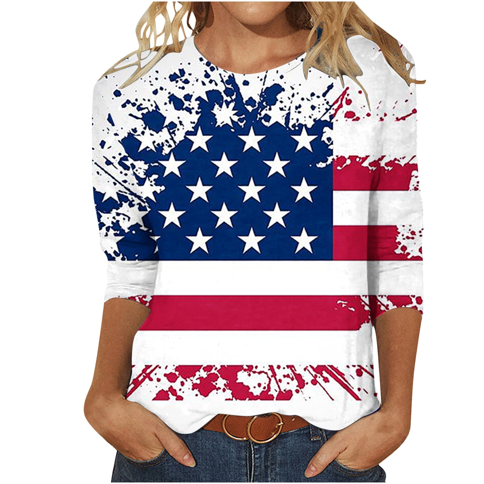 FAYALEQ Women's Home Of The Brave American Flag T-Shirt - 4th July Patriotic Tee, Stars & Stripes, Gray, Size S