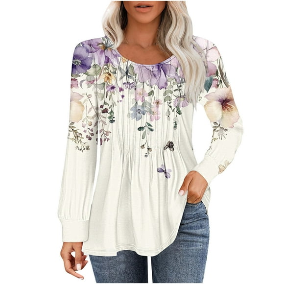 LMKIHUSA Pleated Shirts for Women,Ladies Tops and Blouses Long Sleeve Curved Hem Round Neck Pullover Shirts 2024 Fall Loose Fitted Casual Print Pleated Tunic Tops,Multicolor S