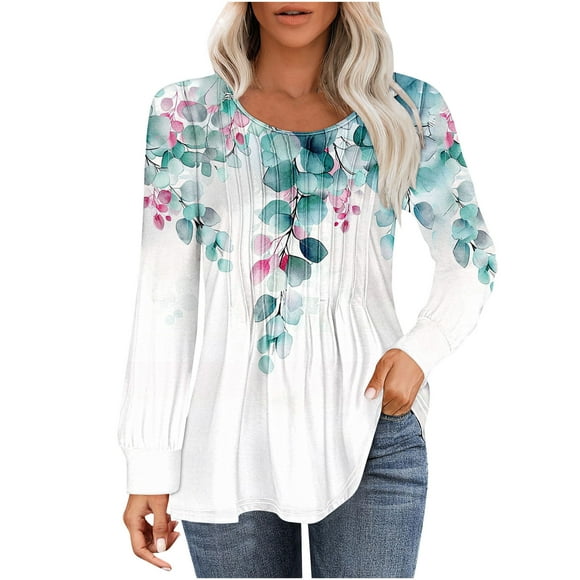 LMKIHUSA Pleated Tops for Women,Ladies Tops and Blouses Long Sleeve Curved Hem Round Neck Pullover Shirts 2024 Fall Loose Fitted Casual Print Pleated Tunic Tops,Multicolor M