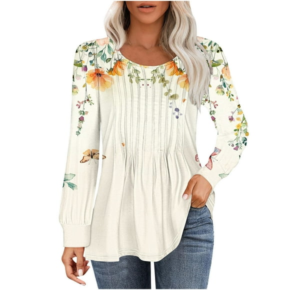 LMKIHUSA Pleated Tops for Women Long Sleeve,Ladies Tops and Blouses Long Sleeve Curved Hem Round Neck Pullover Shirts 2024 Fall Loose Fitted Casual Print Pleated Tunic Tops,Multicolor XL