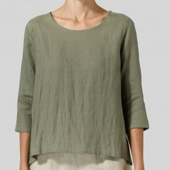 LMKIHUSA Plus Size Cotton Linen Tops 3/4 Sleeve Shirt for Women Fashion Solid Color Tunic Loose Crew Neck Blouse Summer Tees 2024,Army Green L