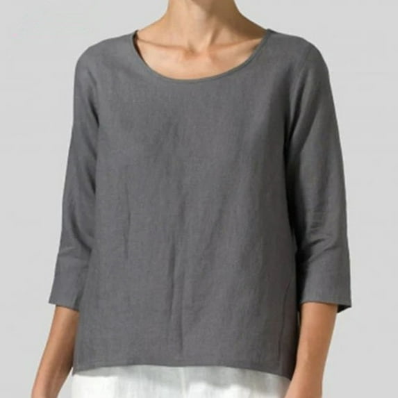 LMKIHUSA Plus Size Cotton Linen Tops 3/4 Sleeve Shirt for Women Fashion Solid Color Tunic Loose Crew Neck Blouse Summer Tees 2024,Gray S