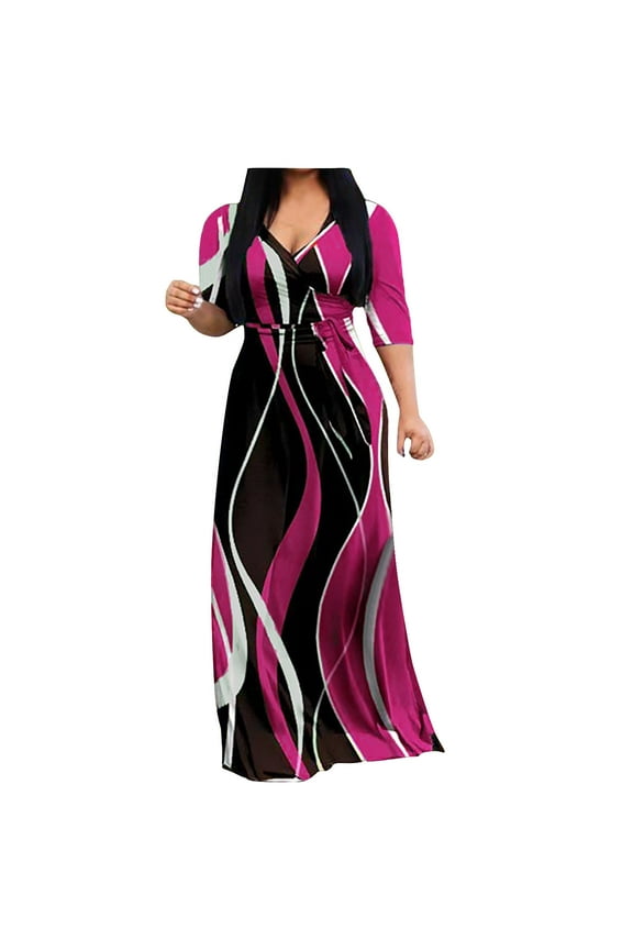 LMKIHUSA Plus Size Dresses for Women Casual Curvy Wedding Guest Party Wrap Dress 2024 Summer Trendy Short Sleeve V Neck Maxi Long Dress with Sleeves,Hot Pink XL