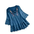 thumbnail image 1 of LMKIHUSA Plus Size Linen Tops for Women Vintage Lace Patchwork V-Neck Embroidery Blouse Summer 3/4 Length Sleeve T-Shirt,Blue,XXXXXL, 1 of 6