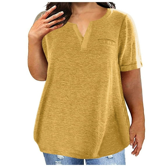 LMKIHUSA Plus Size Tunics for Women Trendy Cut Vneck Short Sleeve T Shirt Oversized Solid Color Tops Dressy Loose Fit Blouses with Pockets 2024,Yellow XXXXXL