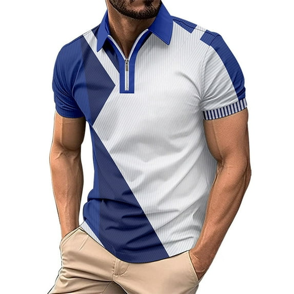 LMKIHUSA Polo Shirts for Men Color Block 1/4 Zip Lapel Neck Short Sleeve Golf Shirt Stylish Big and Tall Regular Fit Athletic Business Tee Shirts Pullover,Blue,XL