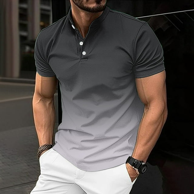 LMKIHUSA Polo Shirts for Men Gradient Button V Neck Short Sleeve Golf ...