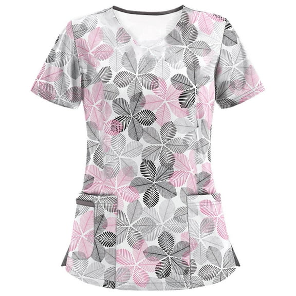 LMKIHUSA Scrubs Tops for Women,Nurse Gifts Printed Scrub Shirts Women V Neck Short Sleeve Loose Breathable Nursing Top Blouses with Pockets,White L