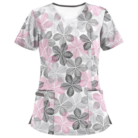 LMKIHUSA Scrubs Tops for Women,Nurse Gifts Printed Scrub Shirts Women V Neck Short Sleeve Loose Breathable Nursing Top Blouses with Pockets,White XXL